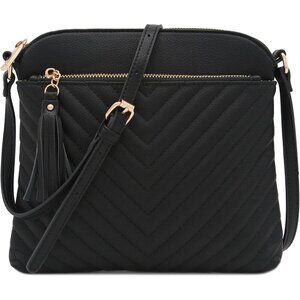 Chevron Quilted Crossbody Bag Faux Leather Tassel Zipper Pockets Women's